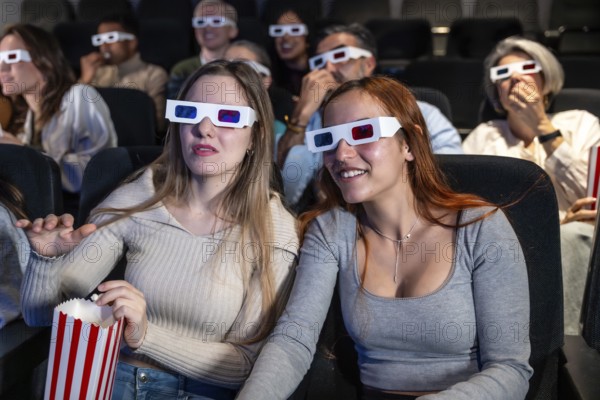 Two young women wearing 3d glasses are watching a movie and eating popcorn in a crowded movie theater