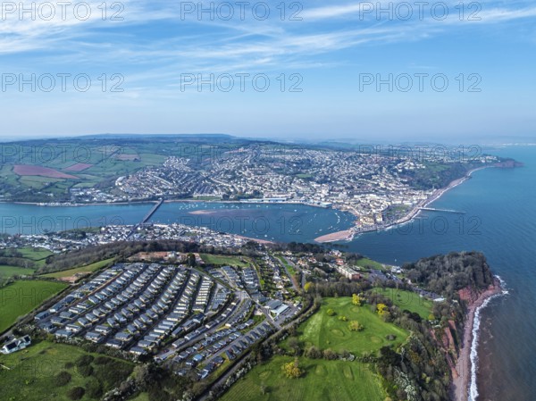 Coast View Holiday Park, Farms and Fields over River Teign from a drone, Teignmouth, Shaldon, Devon, England, United Kingdom, Europe