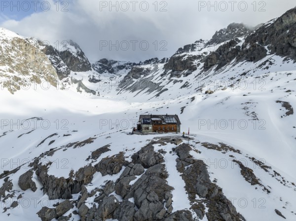Winter in the mountains, Chamanna Jenatsch CAS, Swiss Alpine Club hut, Val Beve, Graubünden, Switzerland, Europe