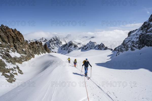 Ski tourer with rope, rope team on the Vadret da Porchabella glacier on the ascent to the summit of Piz Kesch, mountain landscape in winter, alpine tour, ski tour Bündner Haute Route, Albula Alps, Rhaetian Alps, Grisons, Eastern Switzerland, Switzerland, Europe