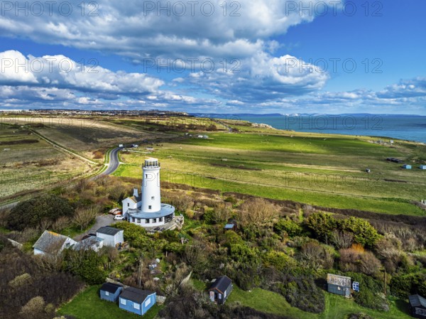 Portland Bird Observatory from a drone, Bill Lighthouse, Portland Bill, Isle of Portland, Dorset, England, United Kingdom, Europe