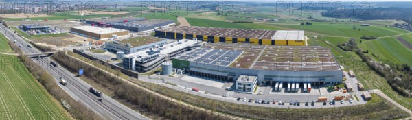 Giengen Industrial Park A7 (GIP A7) . New 40-hectare industrial estate of the town of Giengen directly on the A7 motorway and the federal road 492. Aerial view. Giengen an der Brenz, Baden-Württemberg, Germany, Europe
