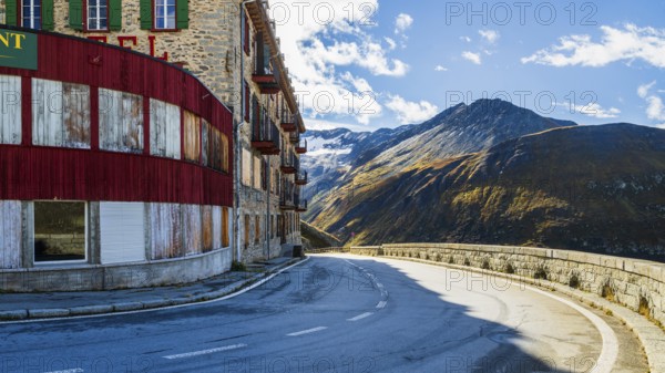 View of Hotel Belvedere at road to pass Furkapass, Kanton Wallis, Swiss Alps, Switzerland, Europe