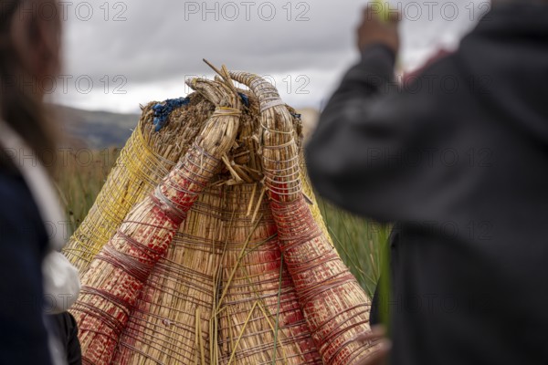Reed boat, Uros island, Titicaca lake, Puno, Peru, South America
