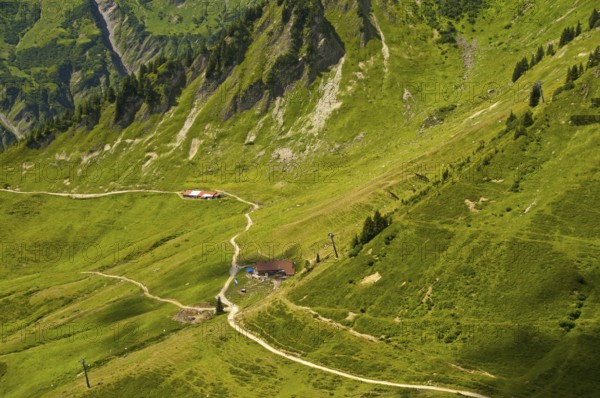 Panorama from the Walmendinger Horn southwards to the Luechtle Alp, Allgäu Alps, Kleinwalsertal, Vorarlberg, Austria, Europe