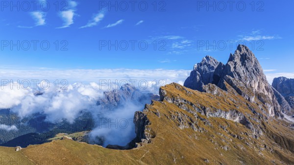 The Sas Rigais and Furchetta peaks of the Odle Group, drone shot, Val Gardena, Dolomites, Autonomous Province of Bolzano, South Tyrol, Italy, Europe