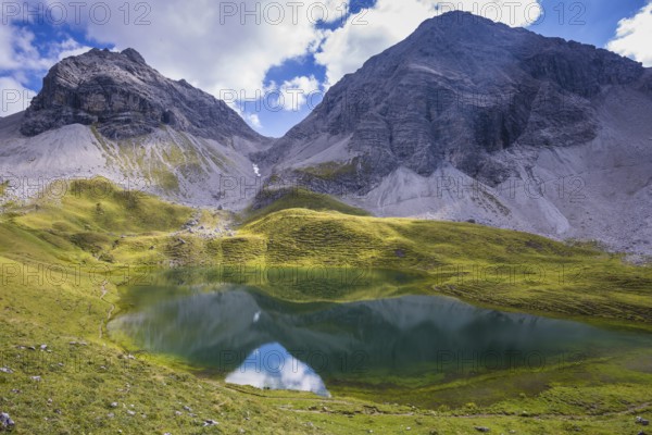 Rappensee, behind it Hochgundspitze, 2459m, and Rappenseekopf, 2468m, Allgaeu Alps, Allgaeu, Bavaria, Germany, Europe