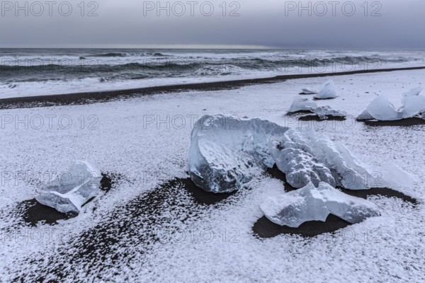 Ice floes on the beach, snowy, waves, sea, clouds, winter, Diamond Beach, Breidamerkursandur, Jökulsarlon, Iceland, Europe