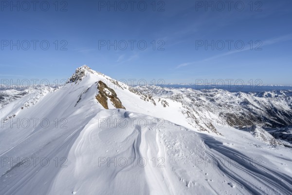 Mountain ridge, summit of Monte Cevedale, behind southern Zufallspitze, snow-covered mountain landscape in winter, Ortler Alps, Vinschgau Valley, Italy, Europe
