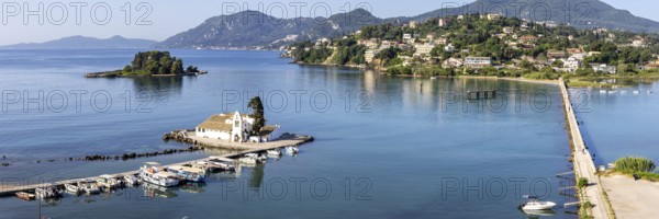 Vlacherna Monastery and Mouse Island in the Mediterranean from above Panorama on the island of Corfu, Greece, Europe