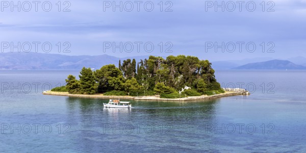 Mouse Island in the sea panorama on the island of Corfu, Greece, Europe