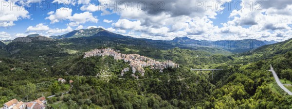 Panorama of Old Village in mountain, Rivello from a drone, Potenza, Basilicata, Italy, Europe