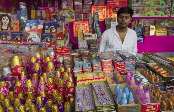 Various firecrackers displayed for sell at a market on the eve of Diwali, the Hindu festival of lights, in Guwahati, India on October 30, 2024. Diwali, also known as the Festival of Lights, is one of the most widely celebrated Hindu festivals, symbolizing the victory of light over darkness and good over evil