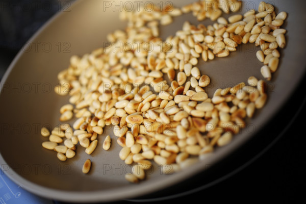 Swabian cuisine, preparation of beef roulade with pine nuts, roasting pine nuts in a pan, grandmother's cooking, regional, home cooking, typical Swabian, traditional cuisine reinterpreted, food photography, studio, Germany, Europe