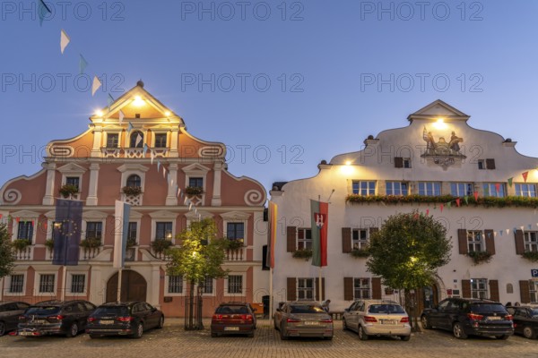 The New Town Hall and the Old Town Hall in the historic centre of Kelheim at dusk, Lower Bavaria, Bavaria, Germany, Europe