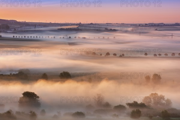 Cultural landscape at sunrise, morning fog shines in the first light, Unstrut valley, Freyburg (Unstrut), Saxony-Anhalt, Germany, Europe