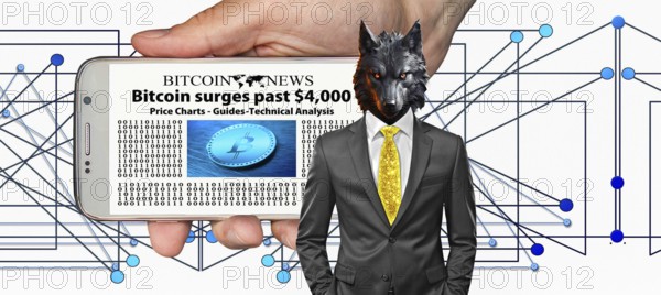 Symbolic image, wolf in a suit, digital currency, Bitcoin, resources, energy, industry, economy critical, exploitation, stress, trade union, pay, wage increase, insolvency, wrong decisions, unemployment, profit, profit slump, share prices, Germany as a business location, global economy, globalisation, environmental protection