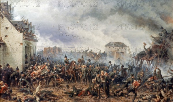 Defence of La Haye Sainte by the Kings German Legion during the Battle of Waterloo in 1815, painting by German painter Adolph Northen, Adolf Northern