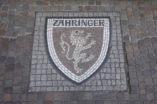 Floor mosaic with coat of arms of the Swabian princely family of the Zähringer, Swabian, noble family, historical, lion figure, Hausach, Kinzigtal, Southern Black Forest, Black Forest, Baden-Württemberg, Germany, Europe