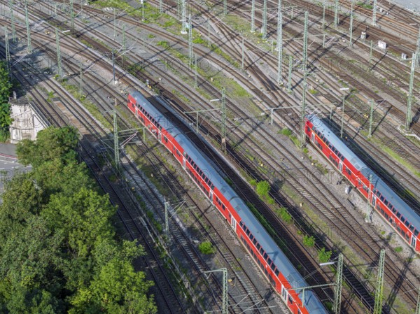 Track apron at Stuttgart main station with regional trains, infrastructure of Deutsche Bahn AG. After completion of the Stuttgart 21 project, the new Rosenstein neighbourhood and flats are to be built here. Stuttgart, Baden-Württemberg, Germany, Europe