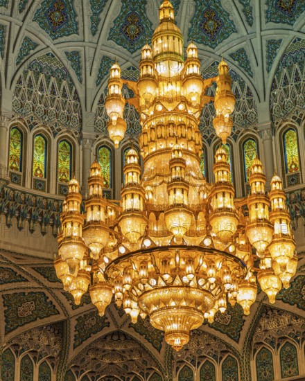 Dome and illuminated chandelier in the Sultan Qaboos Mosque, Muscat, Arabian Peninsula, Sultanate of Oman