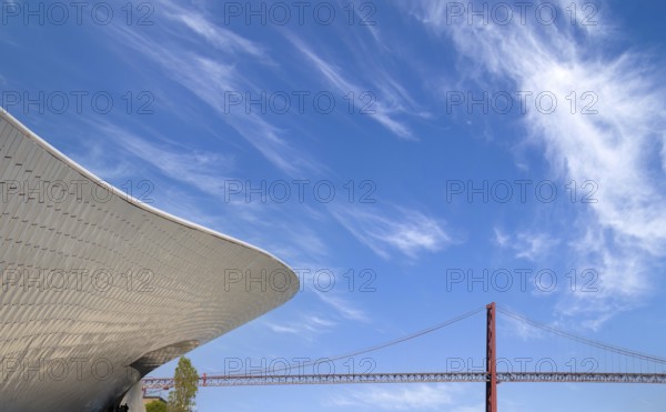 Lisbon, Landmark suspension 25 of April bridge over Tagus reiver near Belem tower
