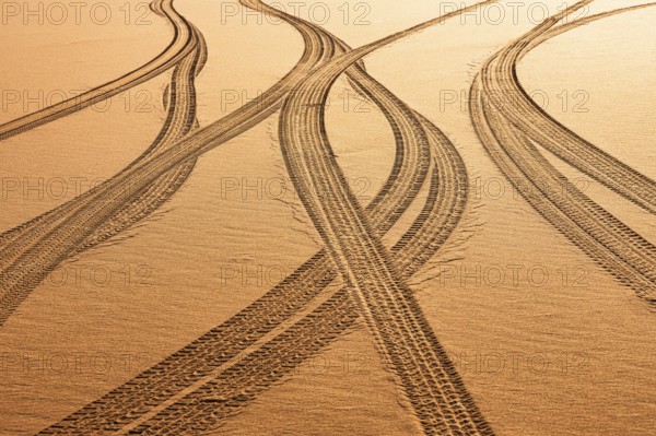 Tyre tracks in the sand in the Rub al Khali desert, Dhofar province, Arabian Peninsula, Sultanate of Oman