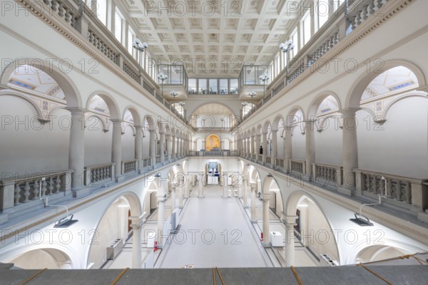 Historic interior architecture with vaulted corridors and symmetrical design, Zurich, Switzerland, Europe