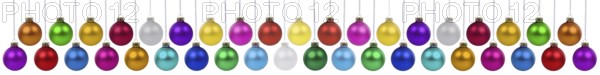 Christmas baubles with Christmas decorations banner colours collection many baubles decoration hanging freestanding isolated freestanding in Stuttgart, Germany, Europe