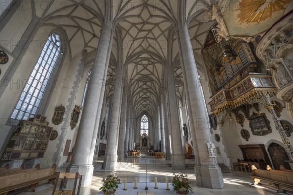 Interior with vault and side organ in a Renaissance prospectus in the late Gothic church of St George, built between 1427 and 1505, church, Nördlingen, Bavaria, Germany, Europe