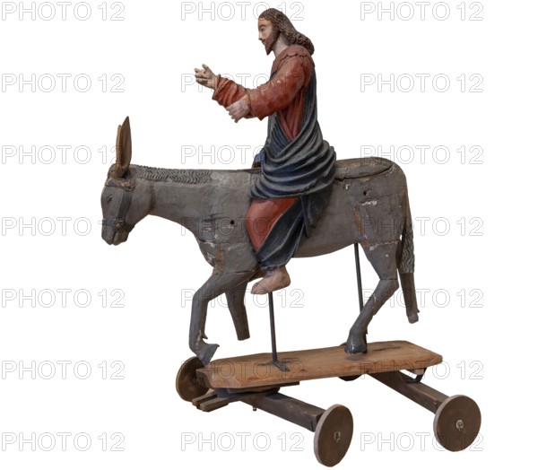 Christ on the palm donkey, on a white background, wooden figure from around 1400, Museum Bezau, Vorarlberg, Austria, Europe