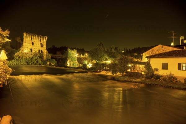 Night shot Mincio river and town, Borghetto, Valeggio sul Mincio, Province of Verona, Italy, Europe