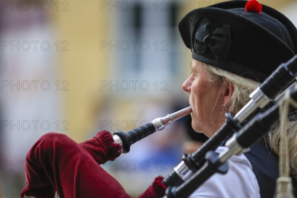 Portrait of a bagpiper, bagpipe orchestra, pipe concert, Sigmaringen, Baden-Württemberg, Germany, Europe
