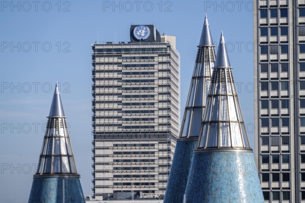 Building of the UN Campus in Bonn, towers, light cone of the Bundeskunsthalle, Museum Mile, North Rhine-Westphalia, Germany, Europe