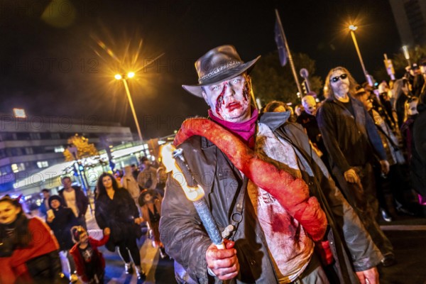 The Zombiewalk in Essen, on Halloween several hundred people, some dressed as scary zombies, undead, walked from the main railway station to the district of Rüttenscheid, North Rhine-Westphalia, Germany, Europe