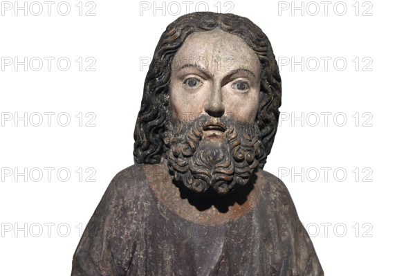 Head of Jesus, around 1470, on a white background, only the body of Jesus remains of the palm donkey, Strigel Museum, Martin-Luther-Platz 1, Memmingen, Swabia, Bavaria