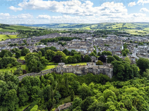 Skipton Castle from a drone, North Yorkshire, England, United Kingdom, Europe
