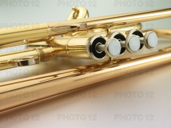 Trumpet in front of white background, detail, studio shot