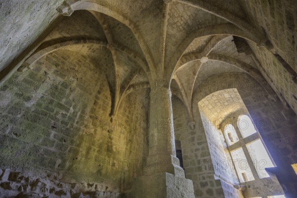 High room with ribbed vault in the Cathar castle of Quéribus, Cucugnan, Département Aude, France, Europe