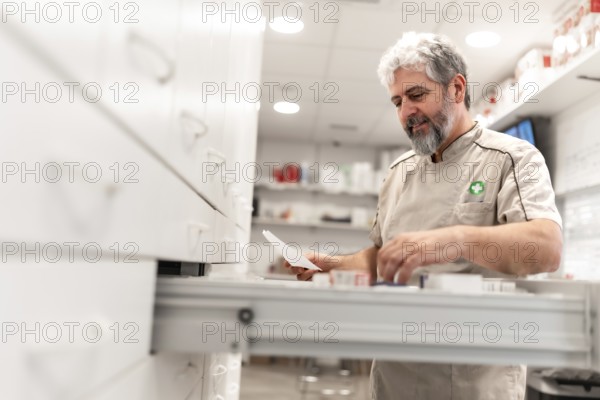 Side view of a confident mature male pharmacist working in storage room of a modern pharmacy