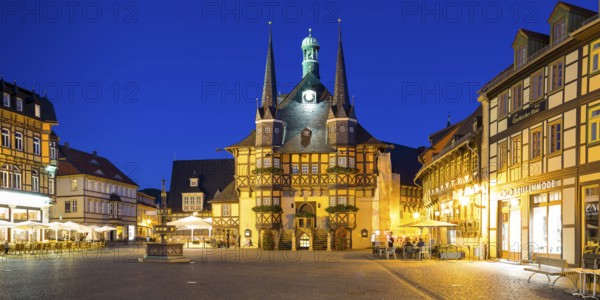 Half-timbered town hall on the market square in Wernigerode, Harz, Saxony-Anhalt, Germany, Europe