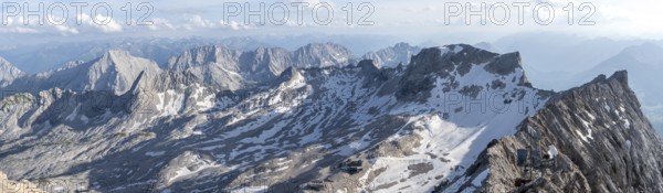 Mountain station at the summit of the Zugspitze, panorama, mountain panorama with golden summit cross, view of the Zugspitzplatt and mountain peaks, Wetterstein range, Bavaria, Germany, Europe