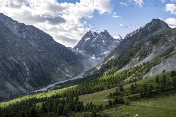 Mountain landscape near Arolla, behind mountain peak Mont Collon, Valais, Western Alps Switzerland