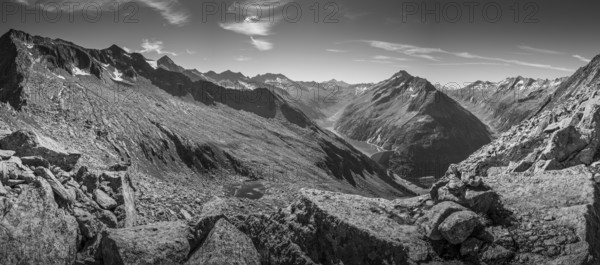 Panorama, Impressive mountain landscape, Schlegeis reservoir, in black and white with dramatic sky, Tyrol, Austria, Europe