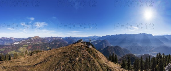 Drone shot, summit cross on the Schwarzer Berg with a view of the Lammertal with Dachstein massif and Tennengebirge, Golling, Osterhorn group, Salzburg province, Austria, Europe