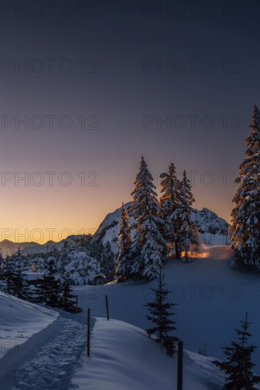 Sunrise snow tour on the Tegelberg in the Allgäu in Bavaria. Winter Wonder Land, Germany, Europe