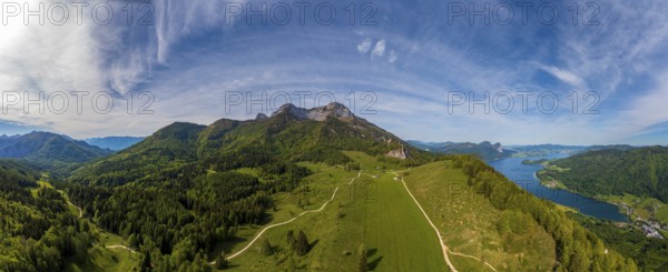Drone shot, Eisenaualm with Schafberg and Mondsee, Osterhorn group, Salzkammergut, Salzburg province, Austria, Europe