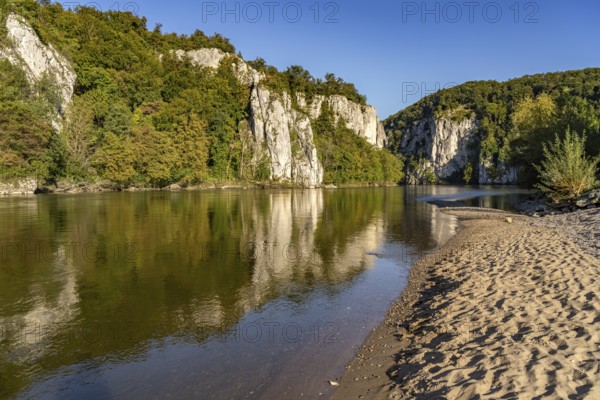 Danube beach at the Weltenburger Enge, Danube gorge near Weltenburg, Bavaria, Germany, Europe