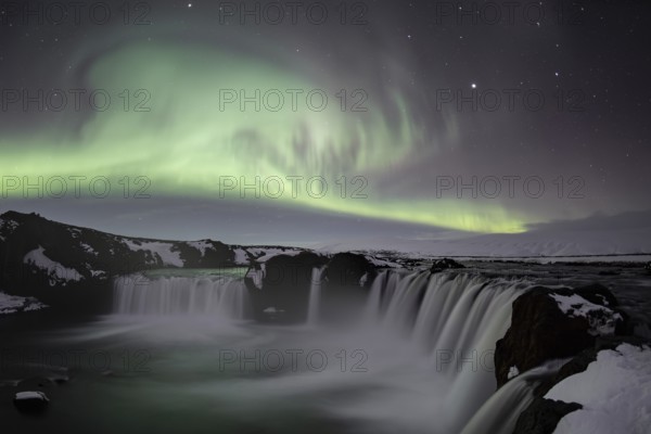 Northern Lights or Aurora Borealis, river Skjálfandafljót, waterfall Góðafoss or Godafoss, long exposure, North Iceland, Iceland, Europe