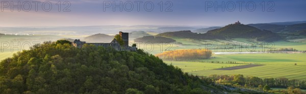 View of the ruins of Gleichen Castle and Wachsenburg Fortress, morning light, Drei Gleichen, Wandersleben, Thuringia, Germany, Europe